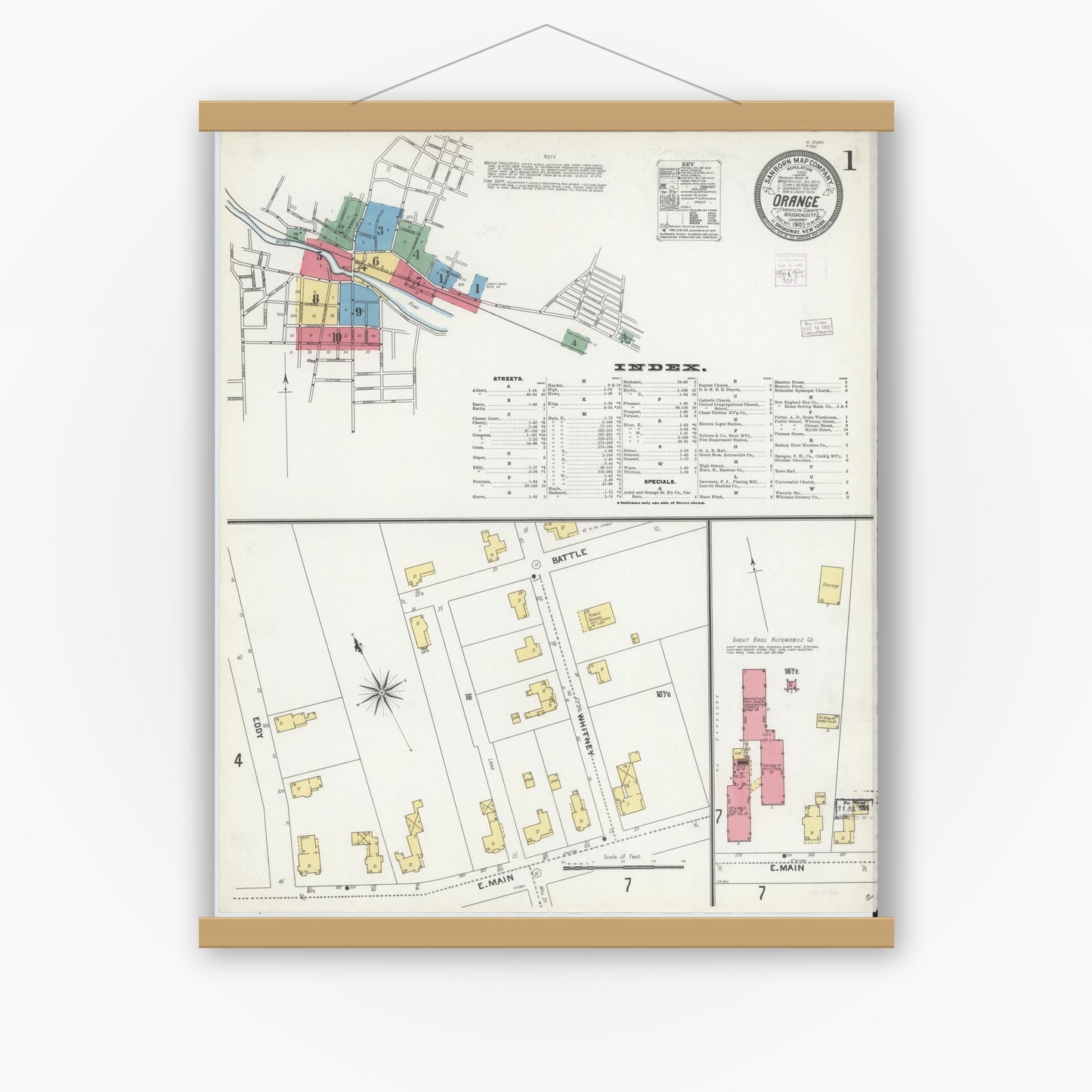 Old map wall art mockup — magnetic wood frame on white wall — Sanborn Fire Insurance Map from Orange, Franklin County, Massachusetts (1905) - Complete Map Set