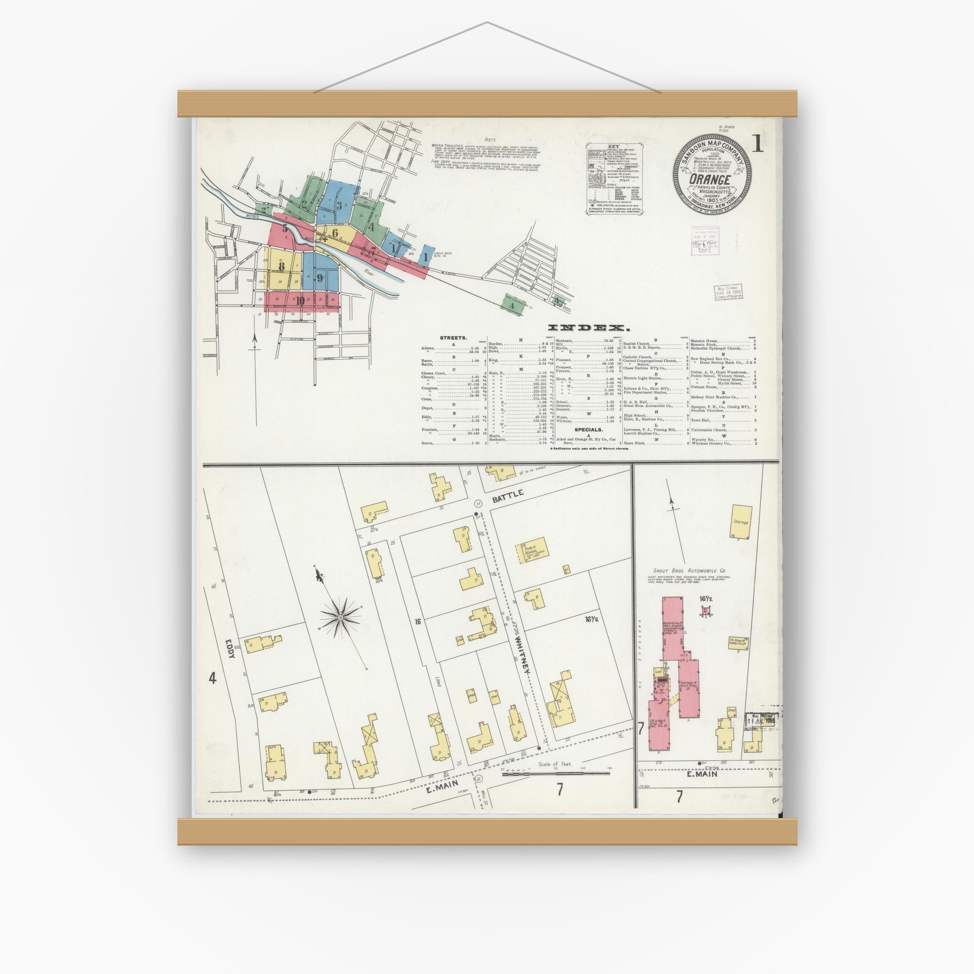 Old map wall art mockup — magnetic wood frame on white wall — Sanborn Fire Insurance Map from Orange, Franklin County, Massachusetts (1905) - Complete Map Set