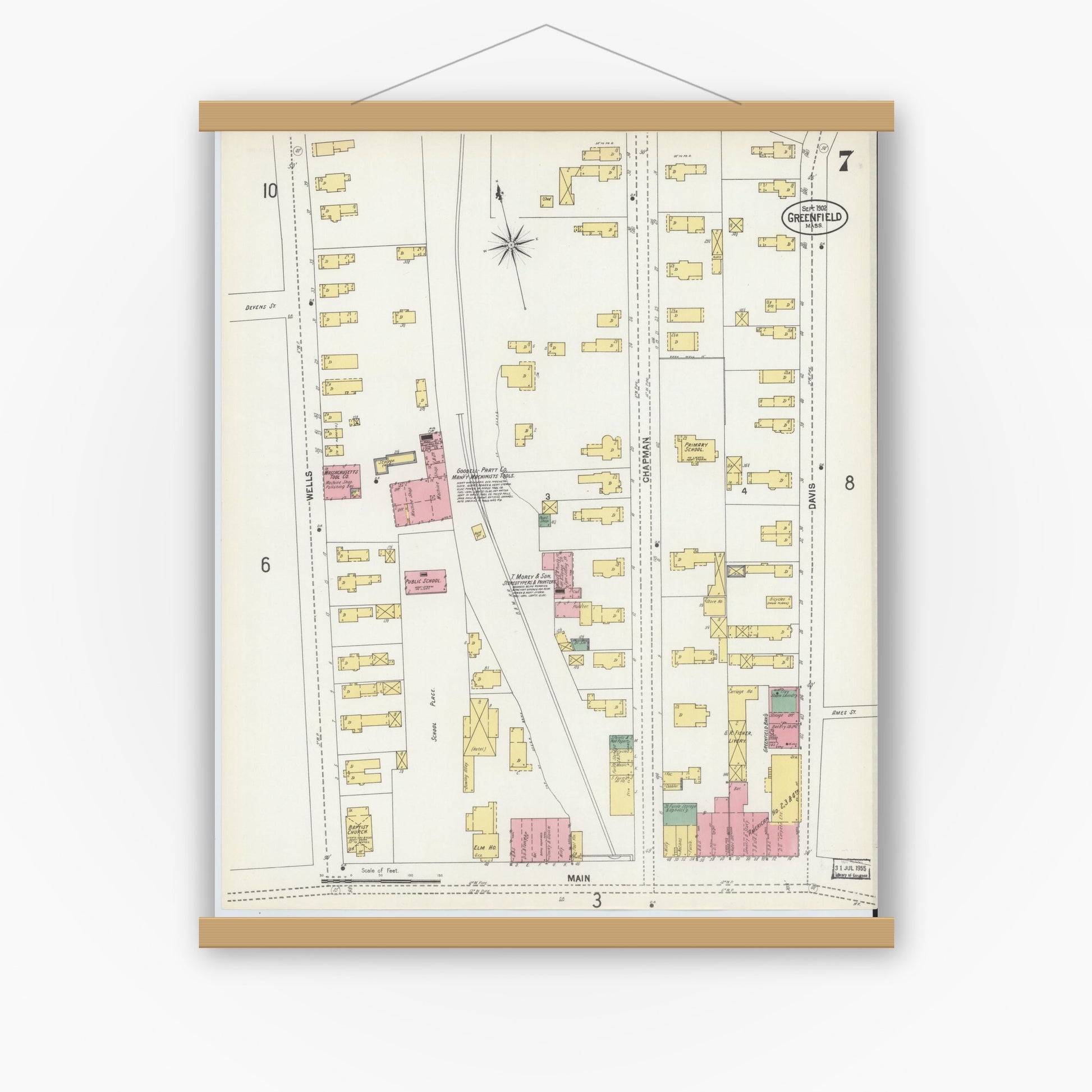 Old map wall art mockup — magnetic wood frame on white wall — Sanborn Fire Insurance Map from Greenfield, Franklin County, Massachusetts (1902), Sheet #0007