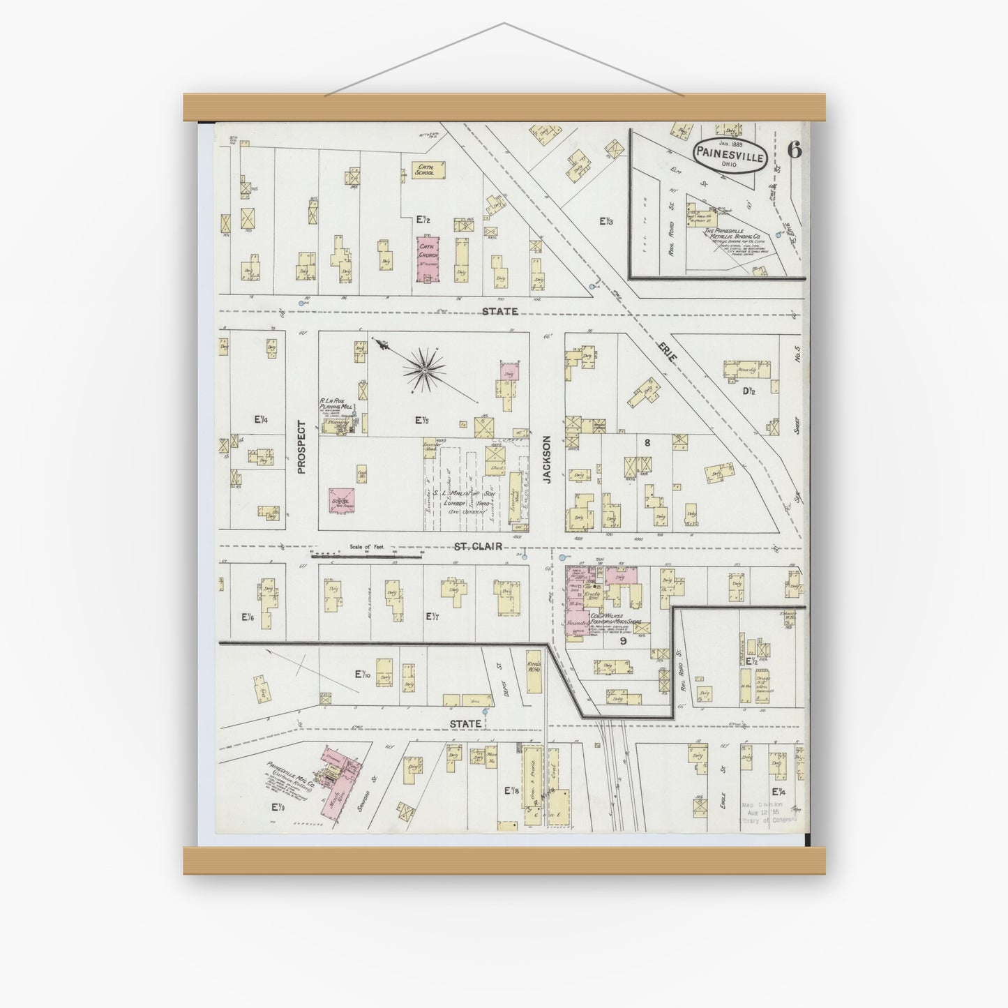 Old map wall art mockup — magnetic wood frame on white wall — Sanborn Fire Insurance Map from Painesville, Lake County, Ohio (1889), Sheet #0006