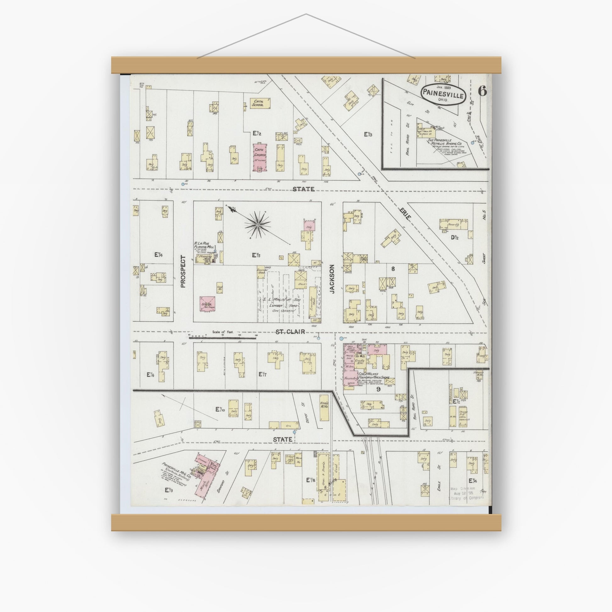 Old map wall art mockup — magnetic wood frame on white wall — Sanborn Fire Insurance Map from Painesville, Lake County, Ohio (1889), Sheet #0006