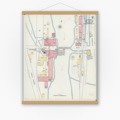 Old map wall art mockup — magnetic wood frame on white wall — Sanborn Fire Insurance Map from Dundee, Kane County, Illinois (1893), Sheet #0002
