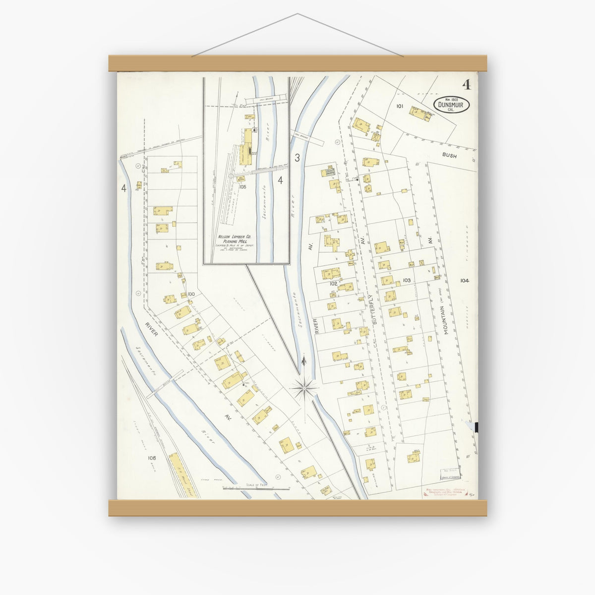 Old map wall art mockup — magnetic wood frame on white wall — Sanborn Fire Insurance Map from Dunsmuir, Siskiyou County, California (1903), Sheet #0004