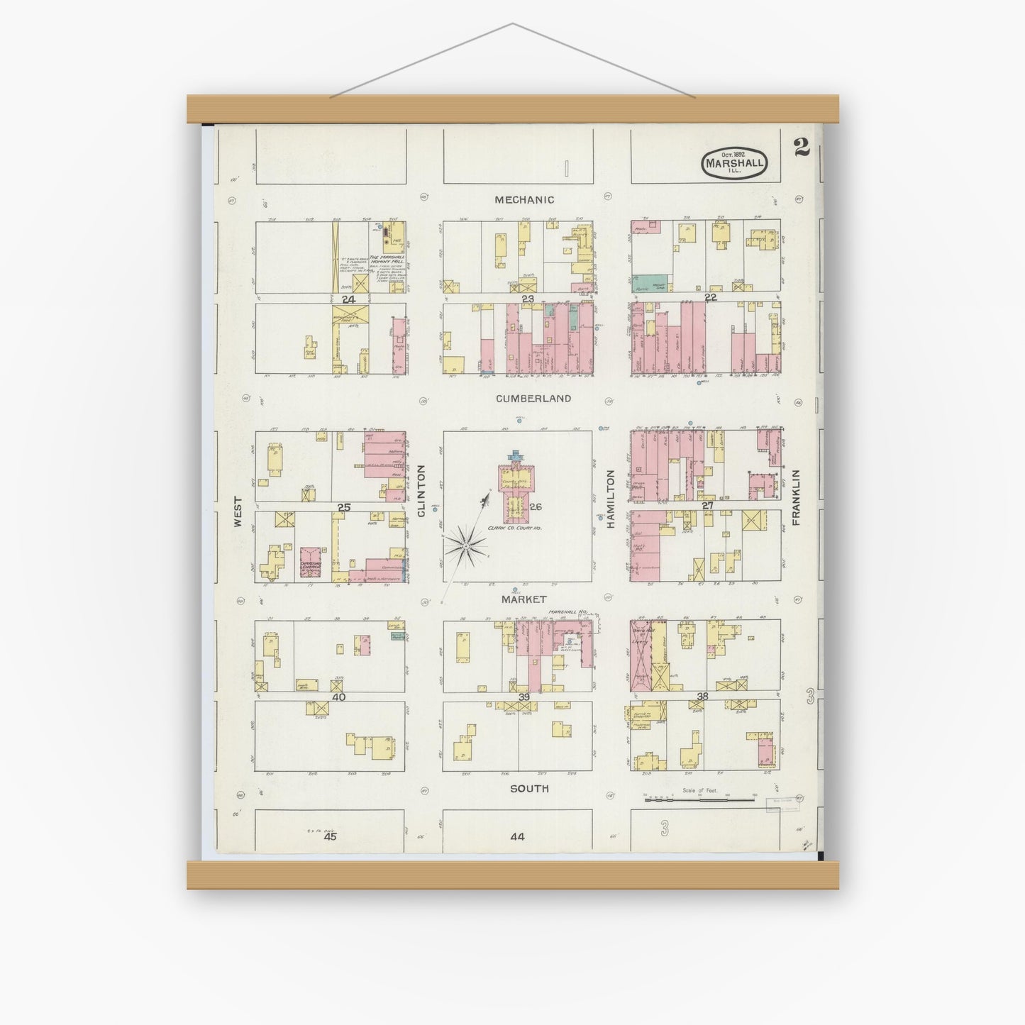 Old map wall art mockup — magnetic wood frame on white wall — Sanborn Fire Insurance Map from Marshall, Clark County, Illinois (1892), Sheet #0002