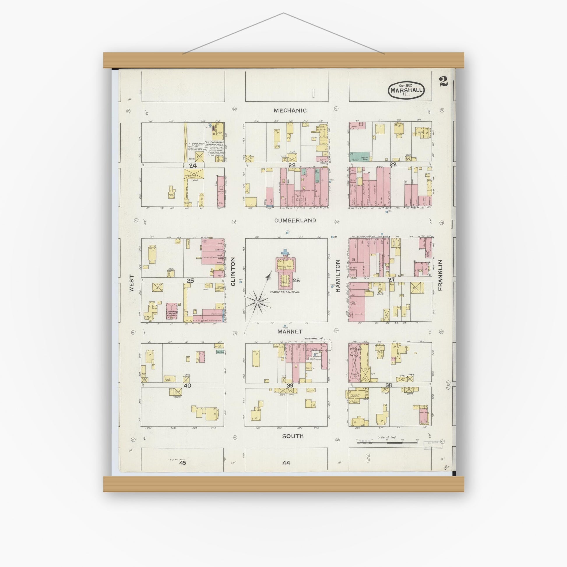 Old map wall art mockup — magnetic wood frame on white wall — Sanborn Fire Insurance Map from Marshall, Clark County, Illinois (1892), Sheet #0002