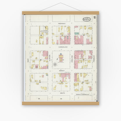Old map wall art mockup — magnetic wood frame on white wall — Sanborn Fire Insurance Map from Marshall, Clark County, Illinois (1892), Sheet #0002