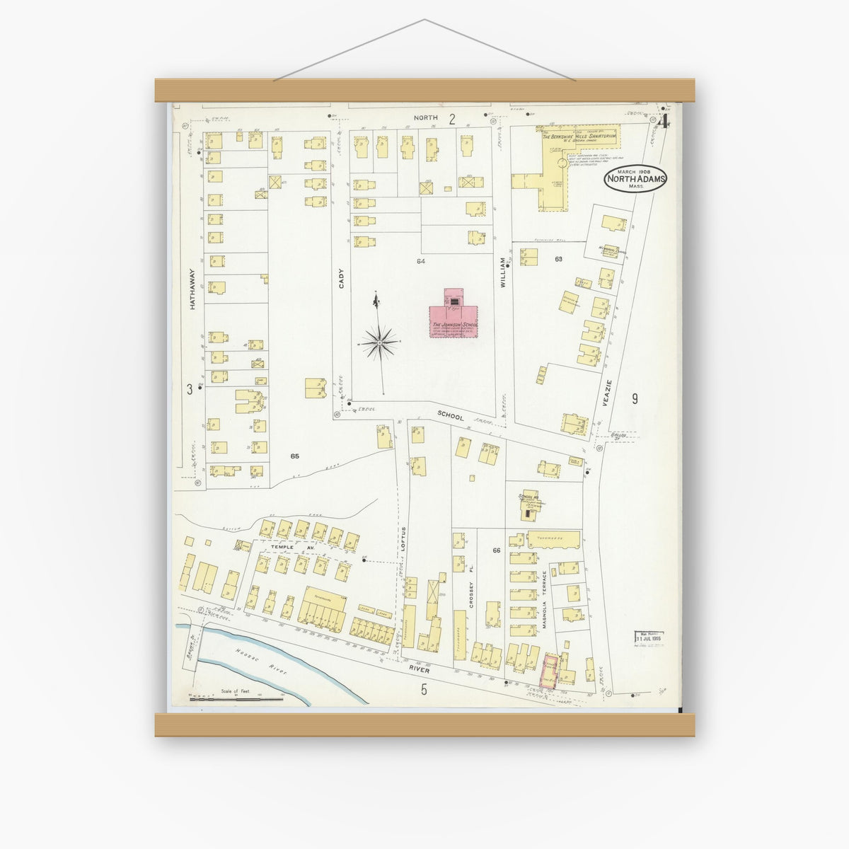 Old map wall art mockup — magnetic wood frame on white wall — Sanborn Fire Insurance Map from North Adams, Berkshire County, Massachusetts (1908), Sheet #0004