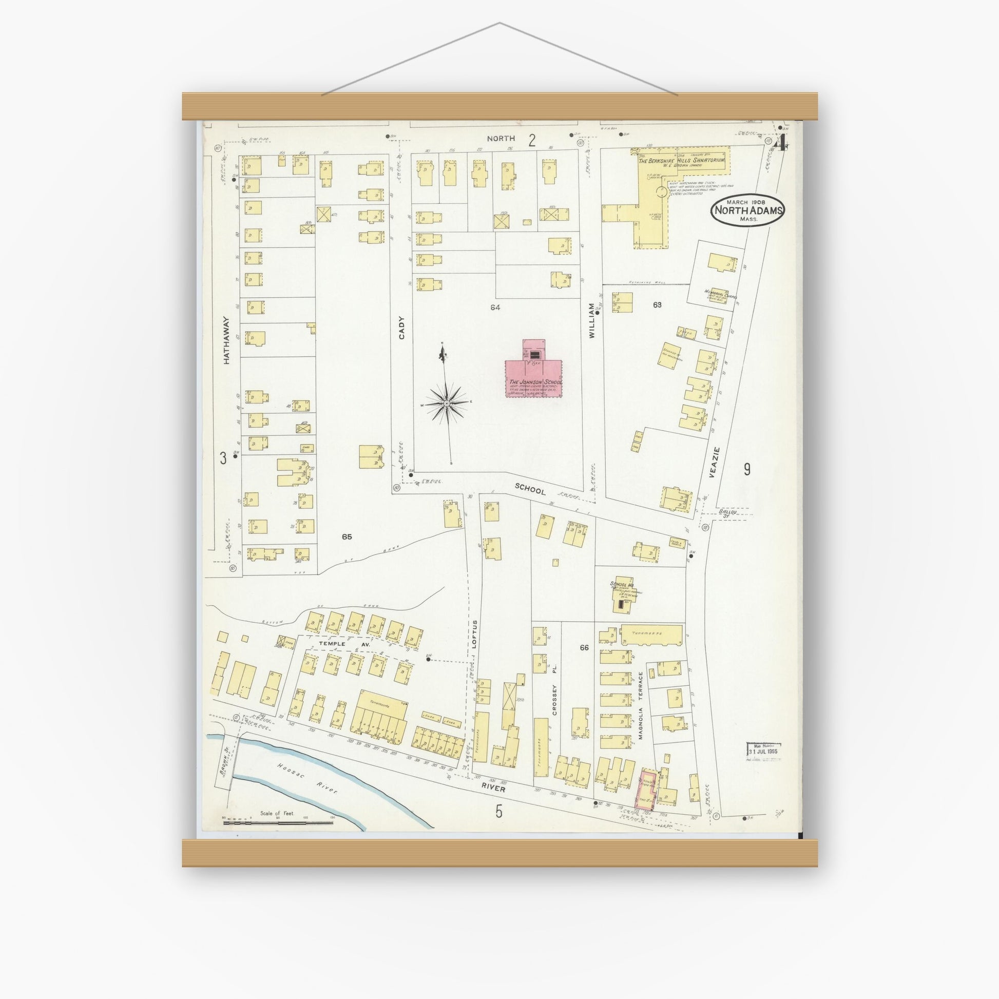 Old map wall art mockup — magnetic wood frame on white wall — Sanborn Fire Insurance Map from North Adams, Berkshire County, Massachusetts (1908), Sheet #0004