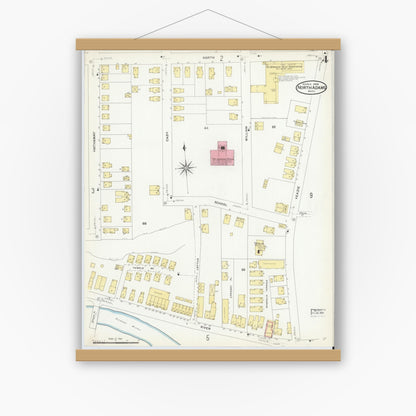 Old map wall art mockup — magnetic wood frame on white wall — Sanborn Fire Insurance Map from North Adams, Berkshire County, Massachusetts (1908), Sheet #0004