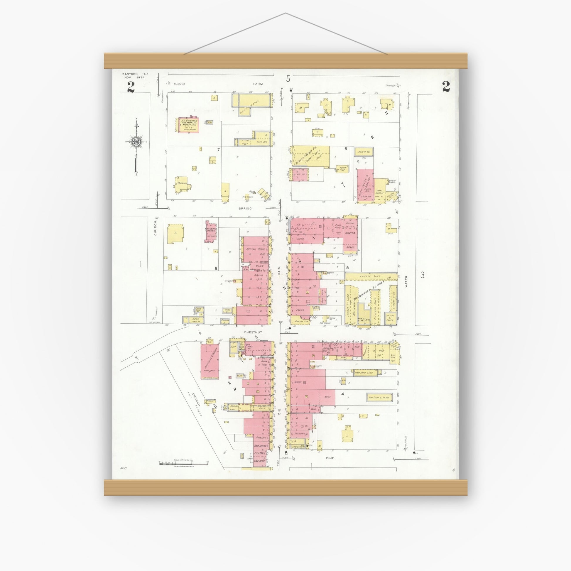 Old map wall art mockup — magnetic wood frame on white wall — Sanborn Fire Insurance Map from Bastrop, Bastrop County, Texas (1934), Sheet #0002