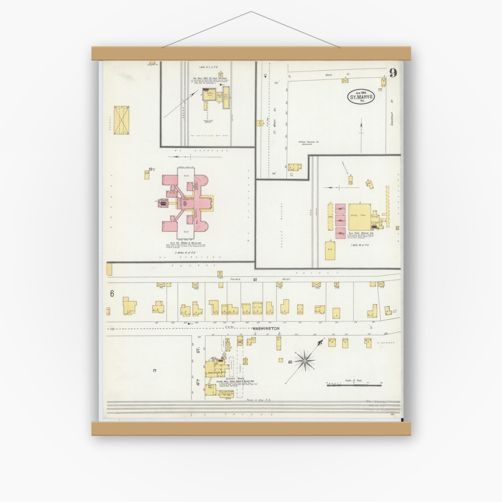 Old map wall art mockup — magnetic wood frame on white wall — Sanborn Fire Insurance Map from Saint Marys, Elk County, Pennsylvania (1904), Sheet #0009