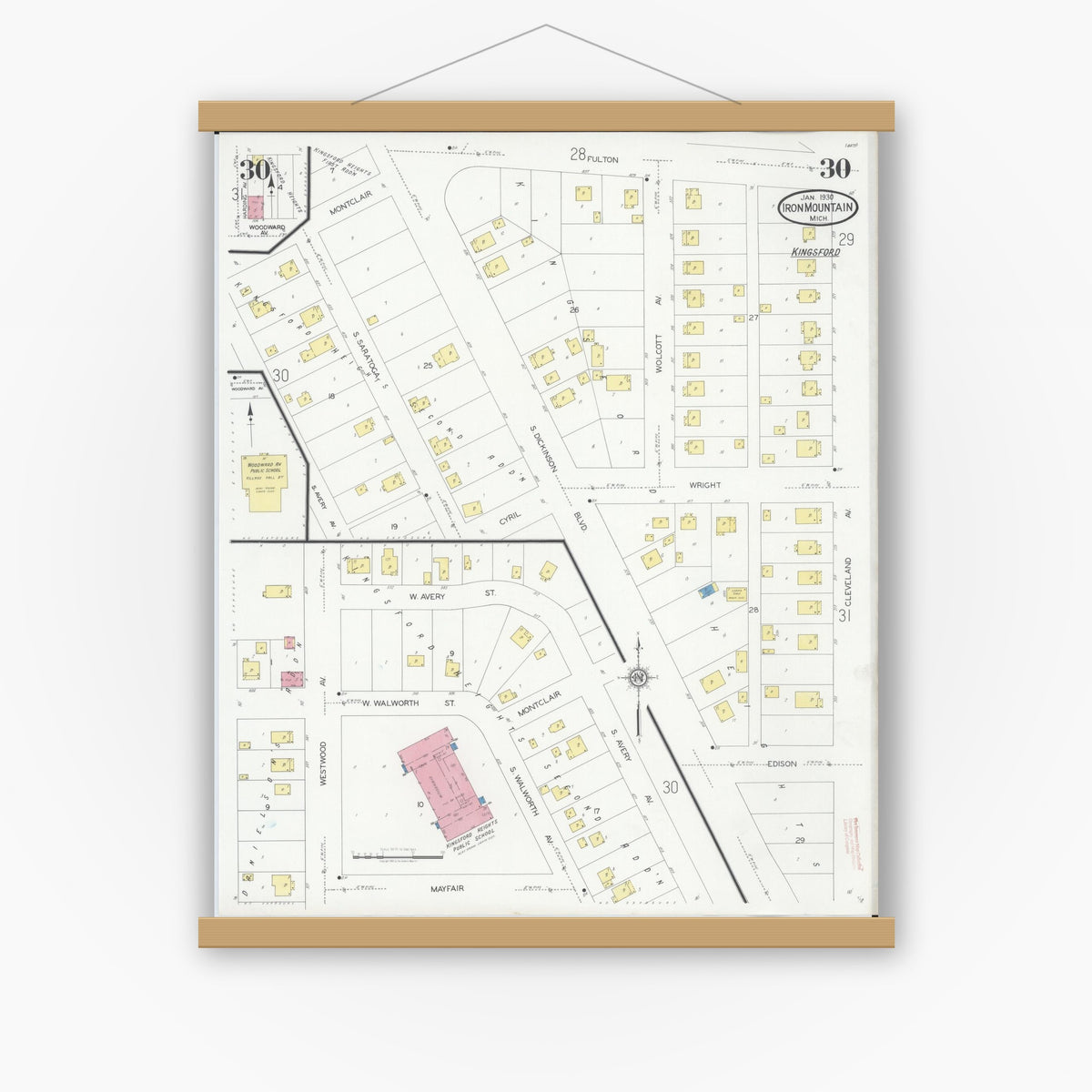 Old map wall art mockup — magnetic wood frame on white wall — Sanborn Fire Insurance Map from Iron Mountain, Dickinson County, Michigan (1930), Sheet #0030