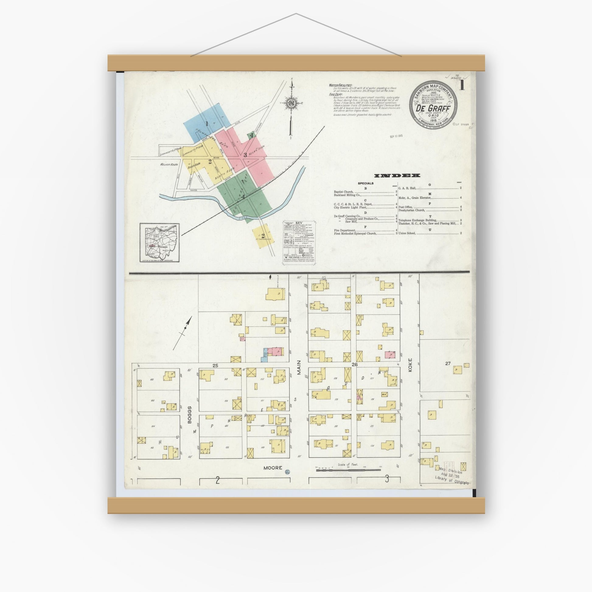 Old map wall art mockup — magnetic wood frame on white wall — Sanborn Fire Insurance Map from Degraff, Logan County, Ohio (1915), Sheet #0001