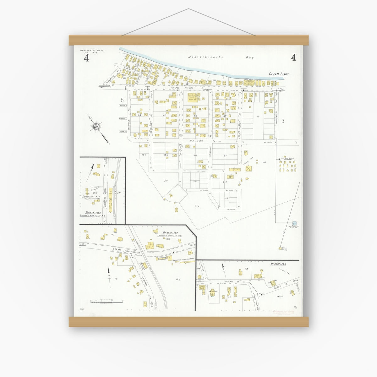 Old map wall art mockup — magnetic wood frame on white wall — Sanborn Fire Insurance Map from Marshfield, Plymouth County, Massachusetts (1933), Sheet #0004