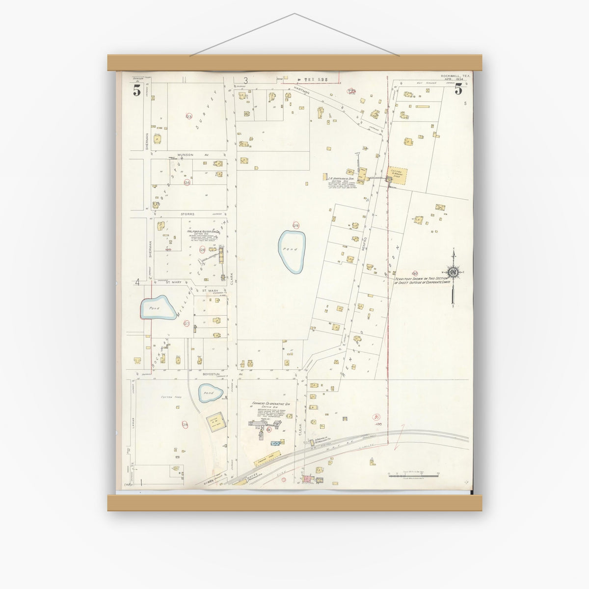 Old map wall art mockup — magnetic wood frame on white wall — Sanborn Fire Insurance Map from Rockwall, Rockwall County, Texas (1945), Sheet #0005