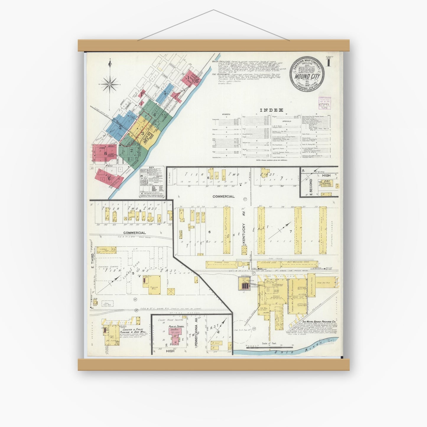 Old map wall art mockup — magnetic wood frame on white wall — Sanborn Fire Insurance Map from Mound City, Pulaski County, Illinois (1907) - Complete Map Set
