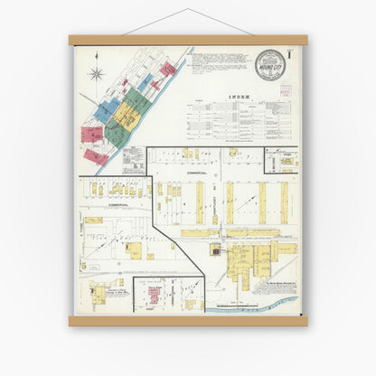 Old map wall art mockup — magnetic wood frame on white wall — Sanborn Fire Insurance Map from Mound City, Pulaski County, Illinois (1907) - Complete Map Set