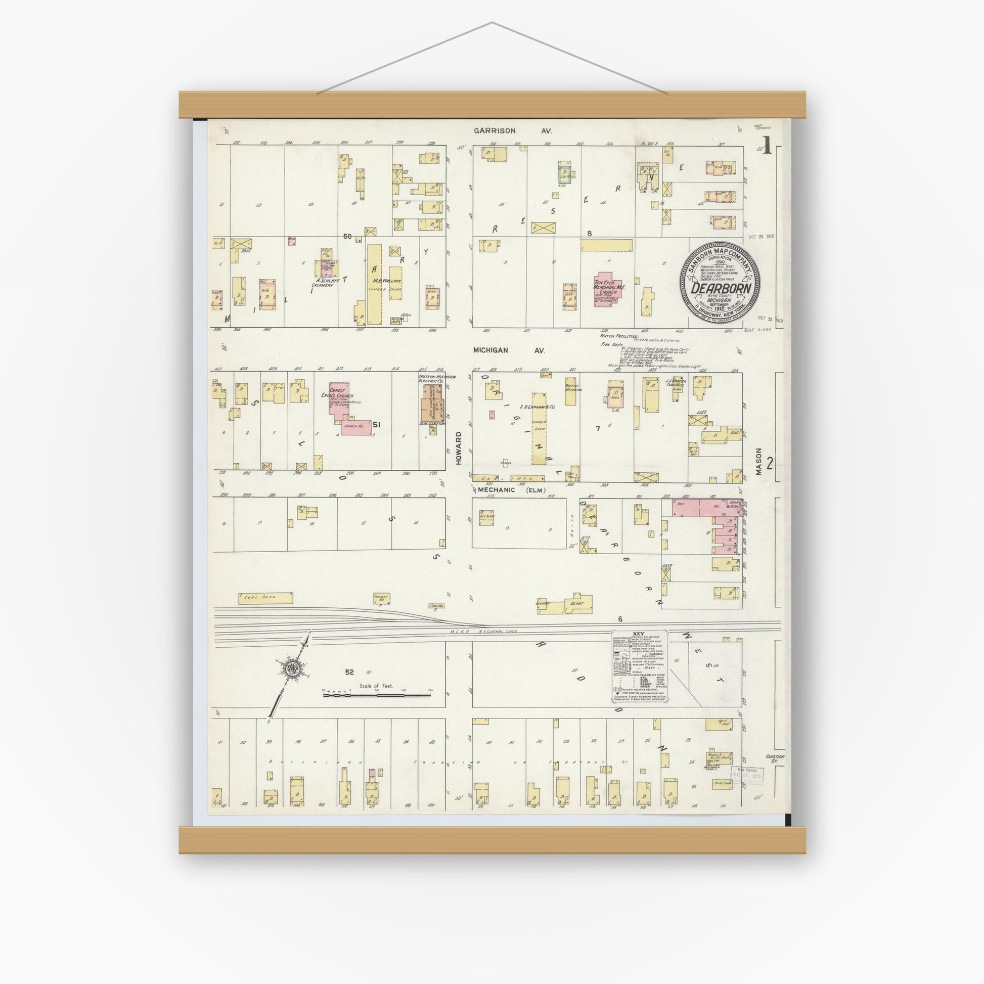 Old map wall art mockup — magnetic wood frame on white wall — Sanborn Fire Insurance Map from Dearborn, Wayne County, Michigan (1912), Sheet #0001