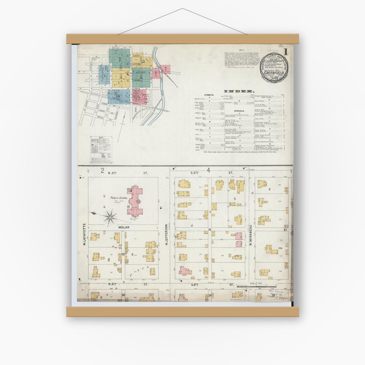 Old map wall art mockup — magnetic wood frame on white wall — Sanborn Fire Insurance Map from Greenfield, Highland County, Ohio (1899), Sheet #0001