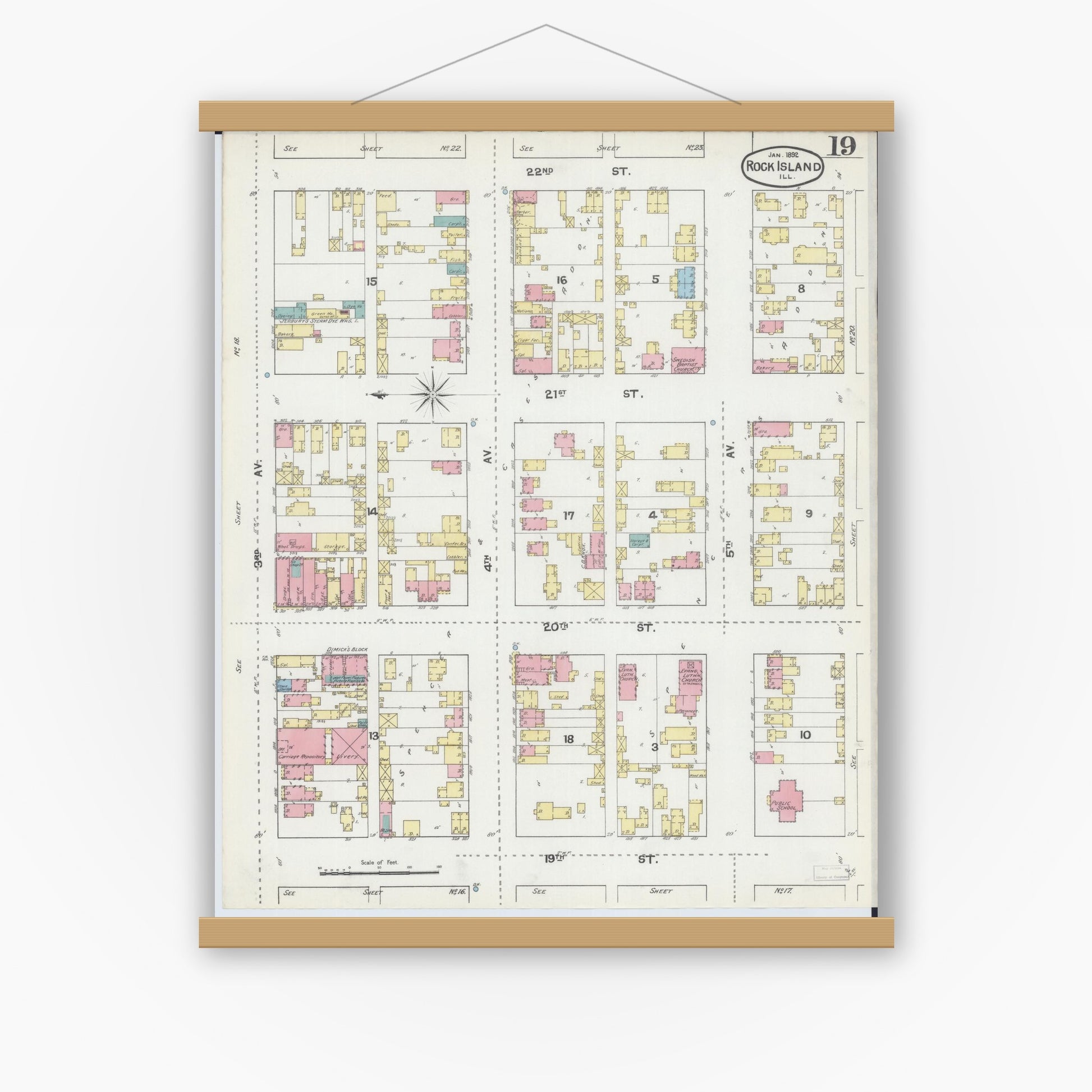 Old map wall art mockup — magnetic wood frame on white wall — Sanborn Fire Insurance Map from Rock Island, Rock Island County, Illinois (1892), Sheet #0019