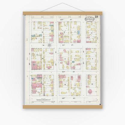 Old map wall art mockup — magnetic wood frame on white wall — Sanborn Fire Insurance Map from Rock Island, Rock Island County, Illinois (1892), Sheet #0019