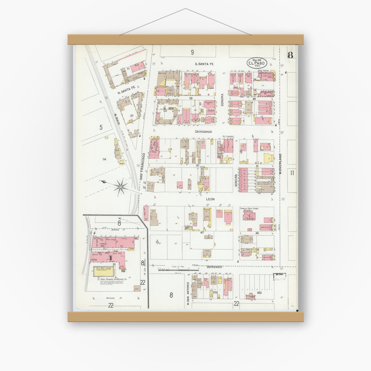 Old map wall art mockup — magnetic wood frame on white wall — Sanborn Fire Insurance Map from El Paso, El Paso County, Texas (1902), Sheet #0008