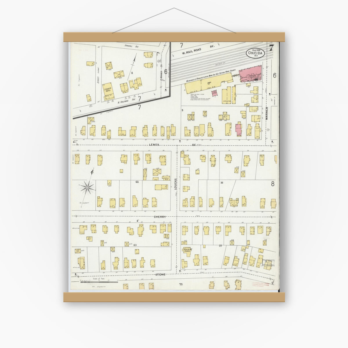 Old map wall art mockup — magnetic wood frame on white wall — Sanborn Fire Insurance Map from Oneida, Madison County, New York (1899), Sheet #0007