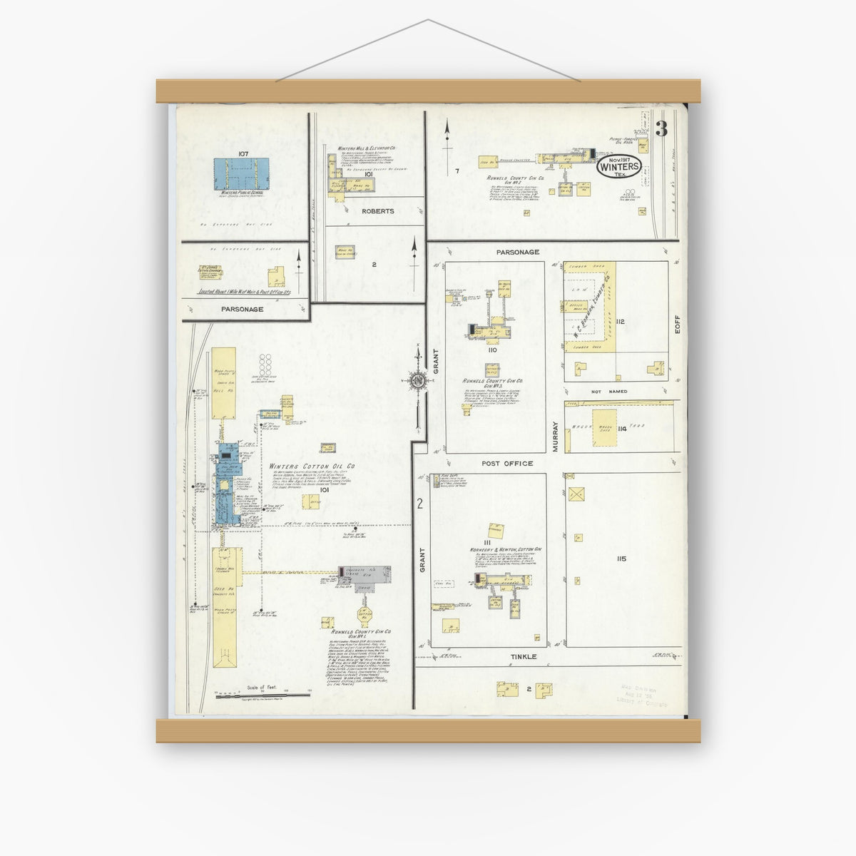 Old map wall art mockup — magnetic wood frame on white wall — Sanborn Fire Insurance Map from Winters, Runnels County, Texas (1917), Sheet #0003