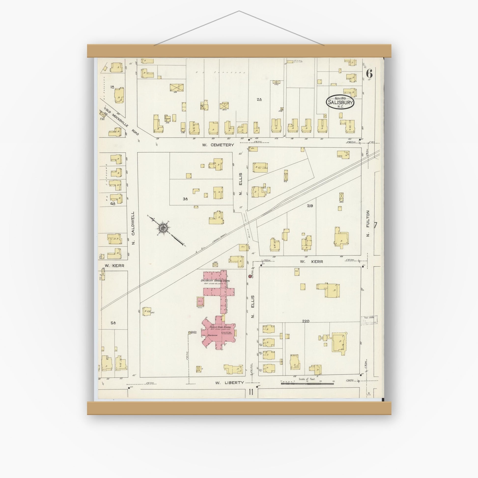 Old map wall art mockup — magnetic wood frame on white wall — Sanborn Fire Insurance Map from Salisbury, Rowan County, North Carolina (1913), Sheet #0006