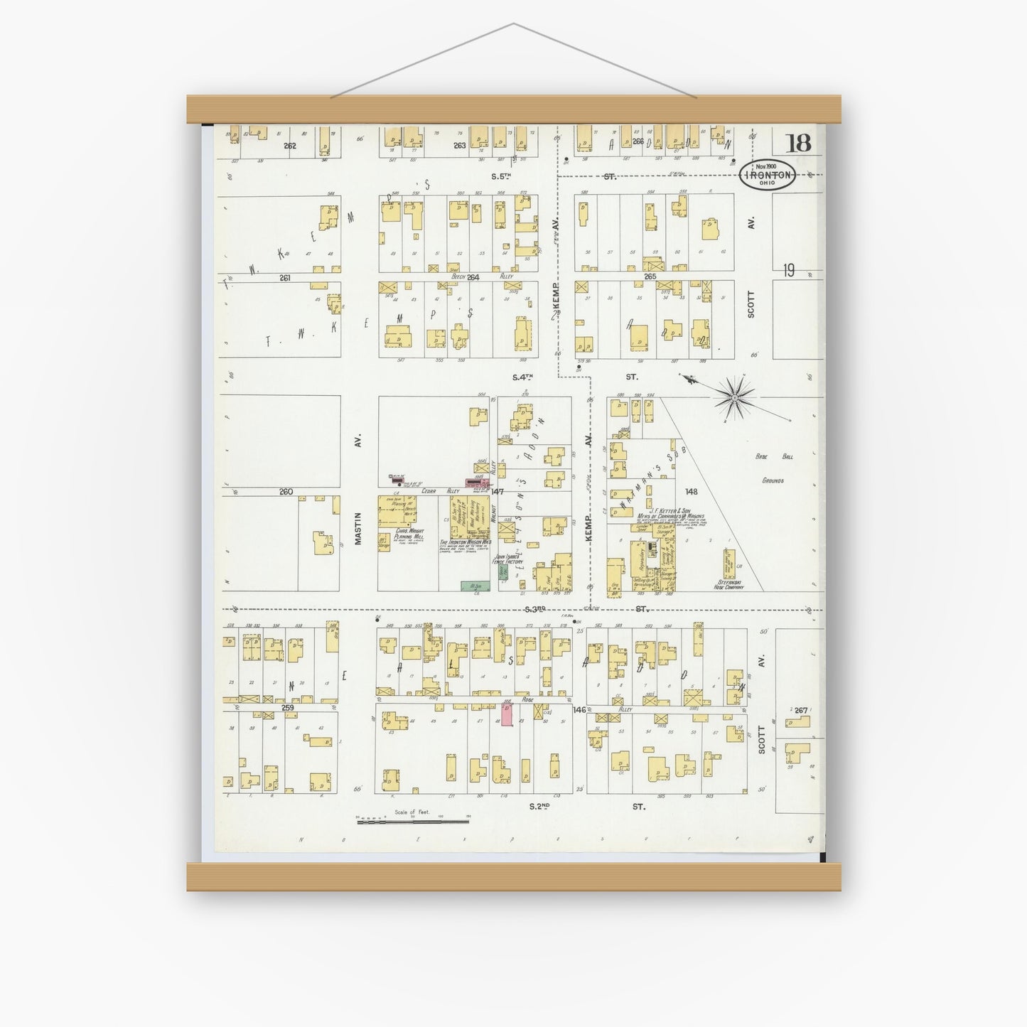 Old map wall art mockup — magnetic wood frame on white wall — Sanborn Fire Insurance Map from Ironton, Lawrence County, Ohio (1900), Sheet #0018