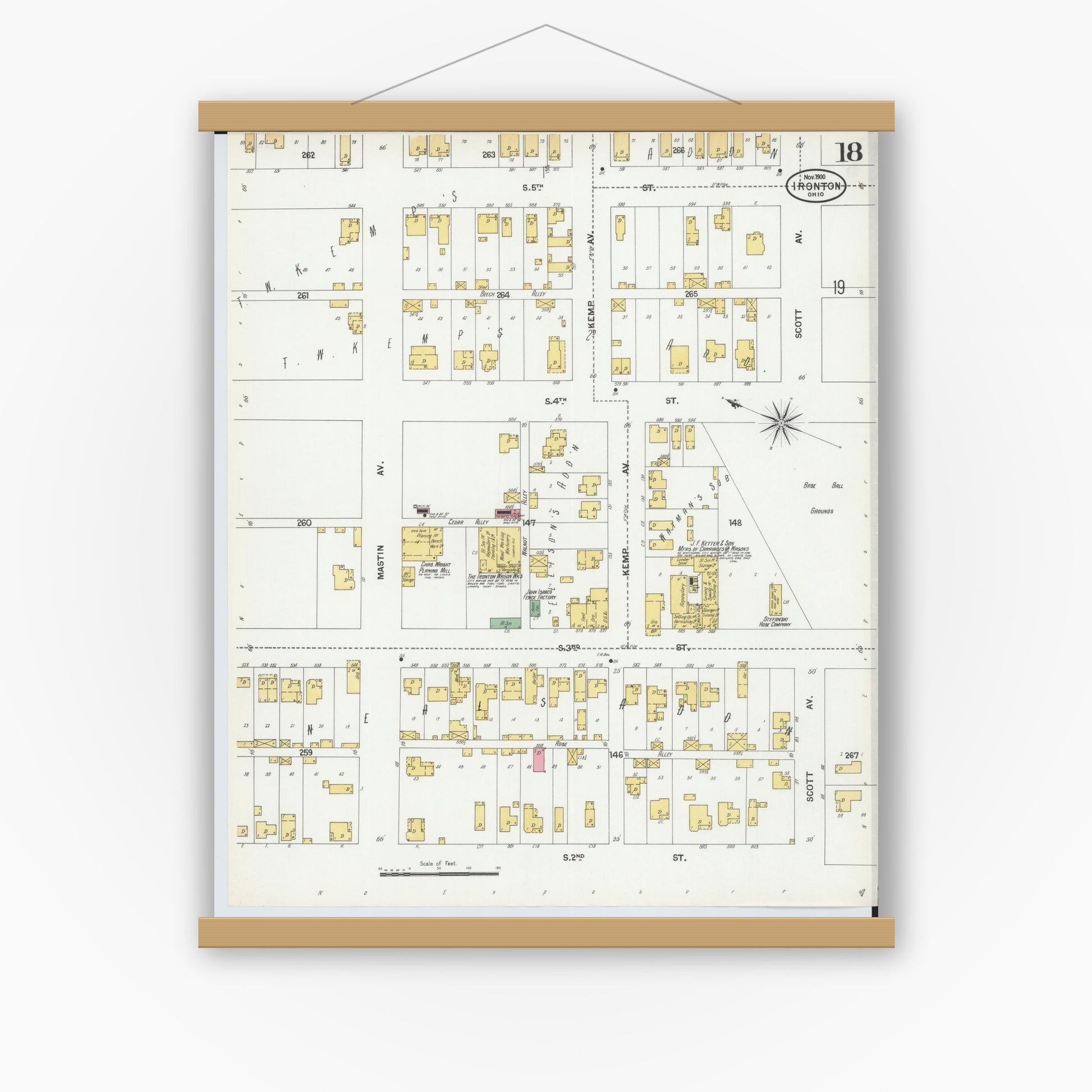 Old map wall art mockup — magnetic wood frame on white wall — Sanborn Fire Insurance Map from Ironton, Lawrence County, Ohio (1900), Sheet #0018