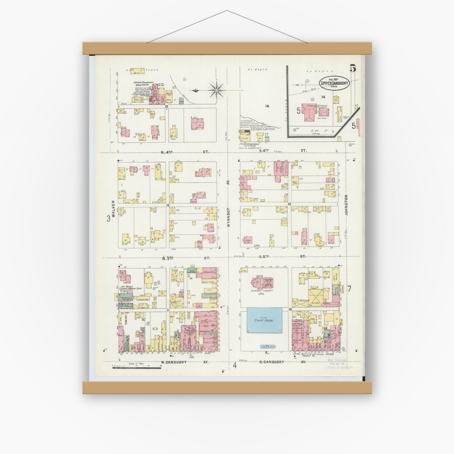 Old map wall art mockup — magnetic wood frame on white wall — Sanborn Fire Insurance Map from Upper Sandusky, Wyandot County, Ohio (1897), Sheet #0005
