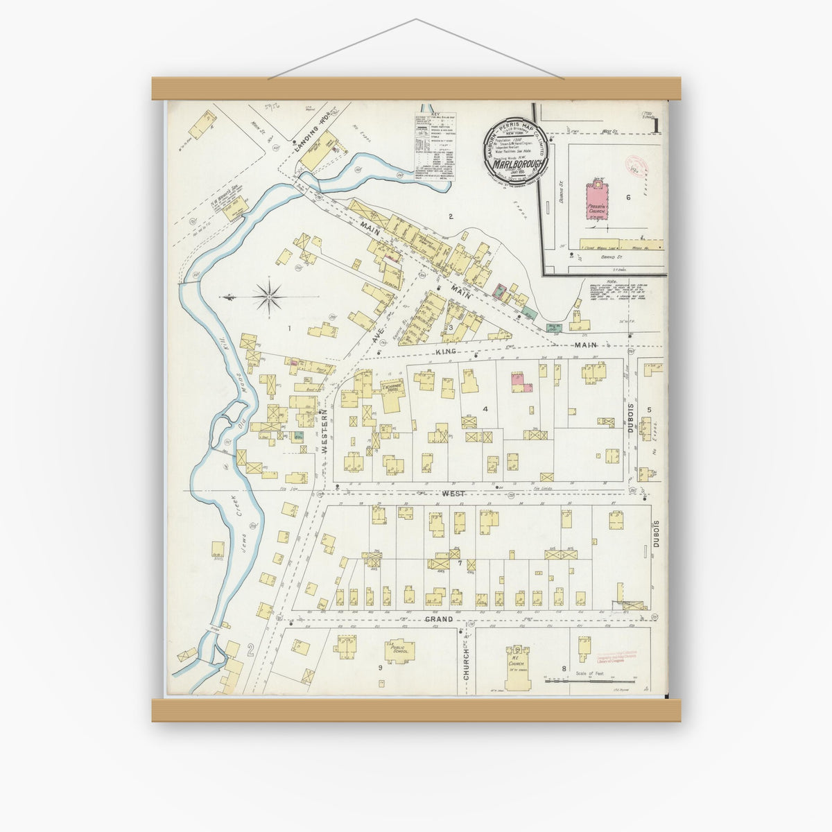 Old map wall art mockup — magnetic wood frame on white wall — Sanborn Fire Insurance Map from Marlborough, Ulster County, New York (1895) - Complete Map Set