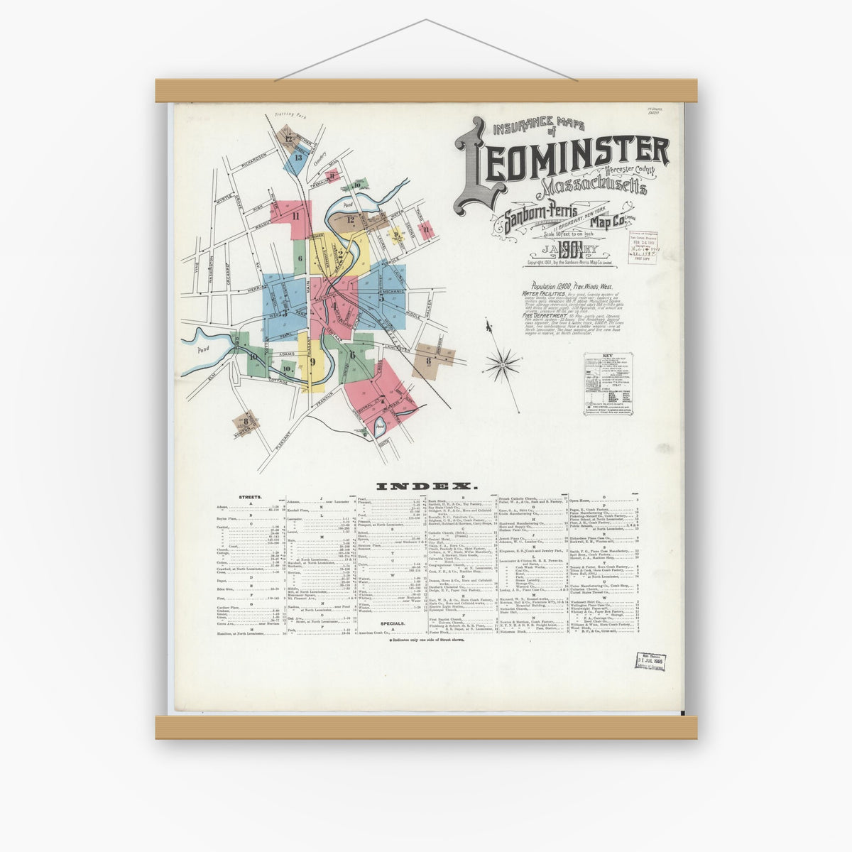 Old map wall art mockup — magnetic wood frame on white wall — Sanborn Fire Insurance Map from Leominster, Worcester County, Massachusetts (1901) - Complete Map Set