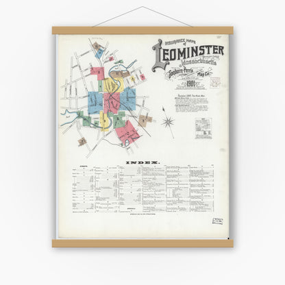 Old map wall art mockup — magnetic wood frame on white wall — Sanborn Fire Insurance Map from Leominster, Worcester County, Massachusetts (1901) - Complete Map Set