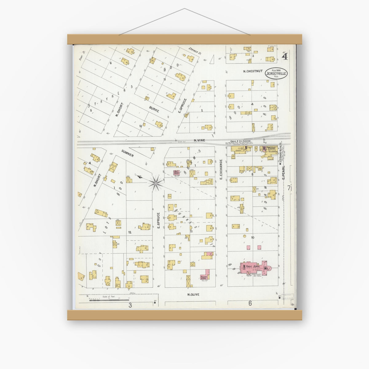 Old map wall art mockup — magnetic wood frame on white wall — Sanborn Fire Insurance Map from Jerseyville, Jersey County, Illinois (1900), Sheet #0004