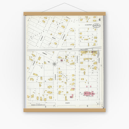 Old map wall art mockup — magnetic wood frame on white wall — Sanborn Fire Insurance Map from Jerseyville, Jersey County, Illinois (1900), Sheet #0004