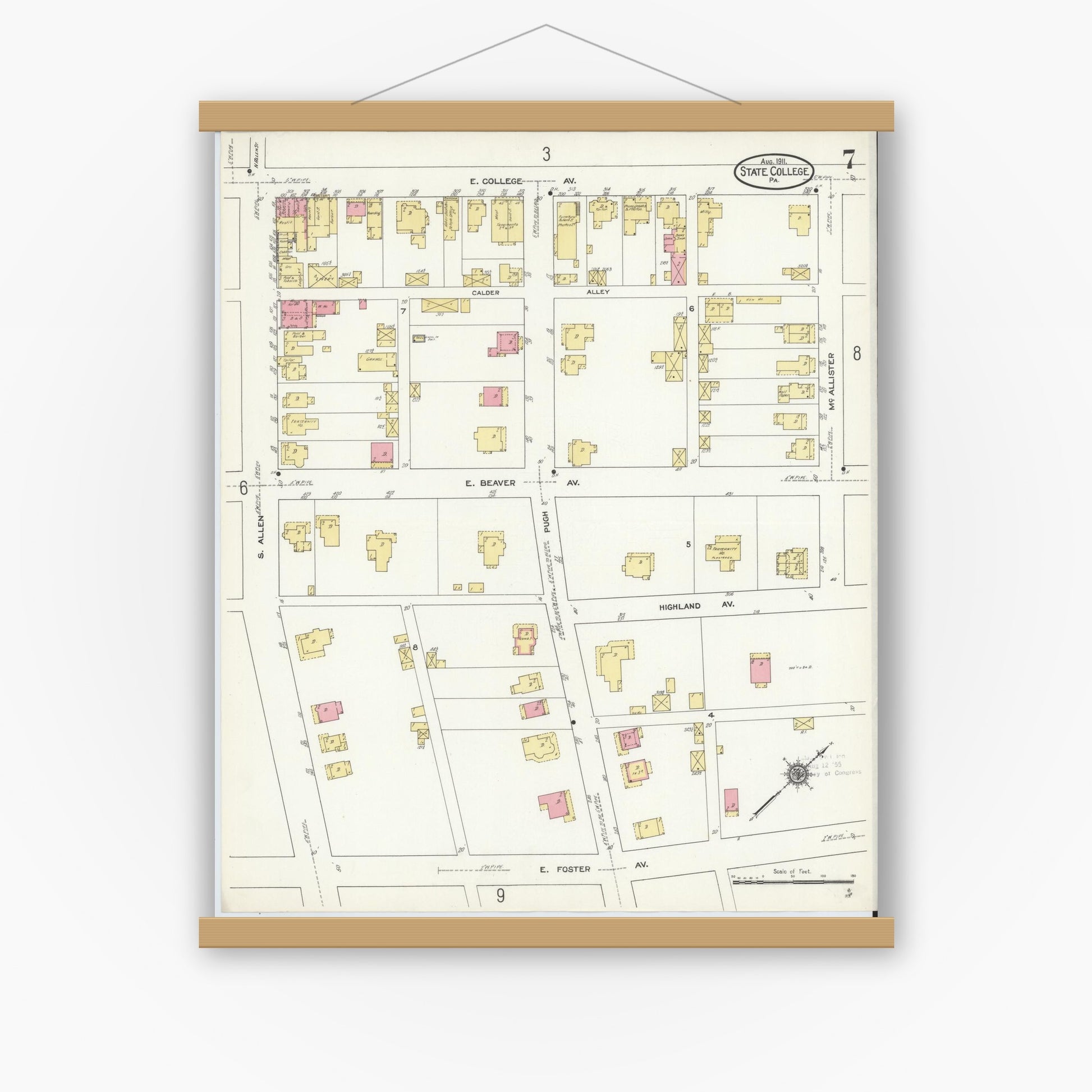 Old map wall art mockup — magnetic wood frame on white wall — Sanborn Fire Insurance Map from State College, Centre County, Pennsylvania (1911), Sheet #0007