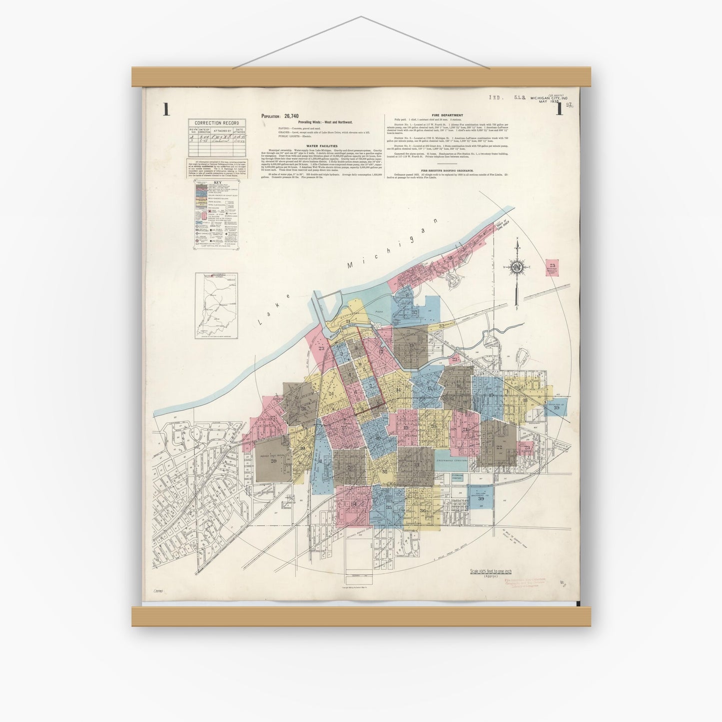 Old map wall art mockup — magnetic wood frame on white wall — Sanborn Fire Insurance Map from Michigan City, La Porte County, Indiana (1948) - Complete Map Set