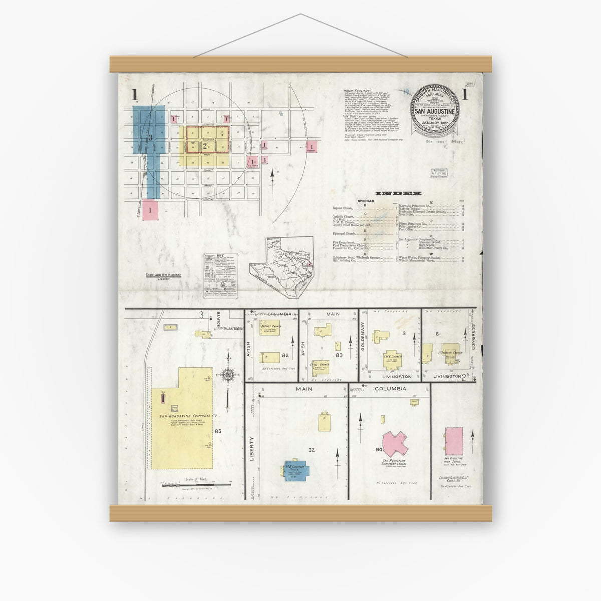 Old map wall art mockup — magnetic wood frame on white wall — Sanborn Fire Insurance Map from San Augustine, San Augustine County, Texas (1927) - Complete Map Set