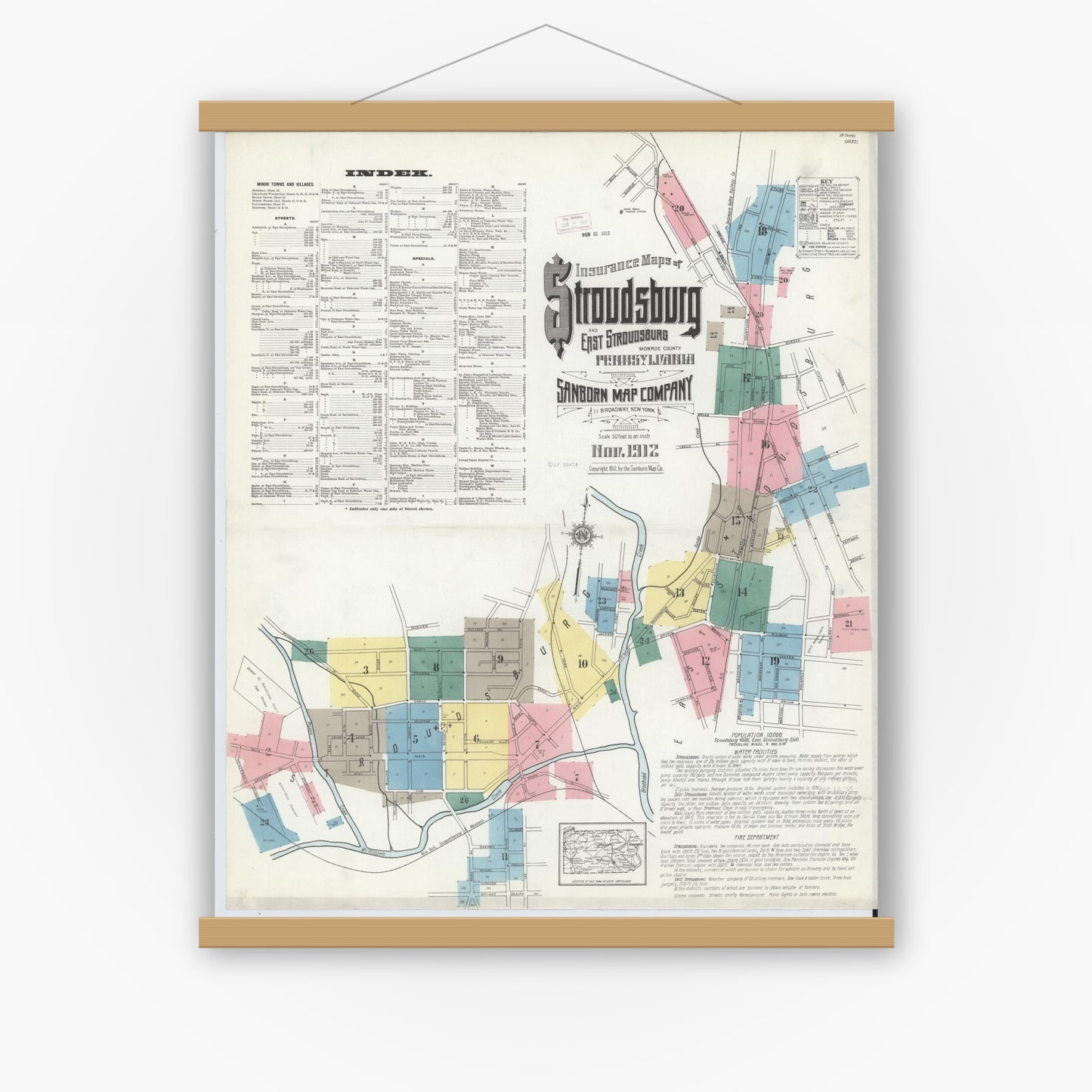 Old map wall art mockup — magnetic wood frame on white wall — Sanborn Fire Insurance Map from Stroudsburg, Monroe County, Pennsylvania (1912) - Complete Map Set