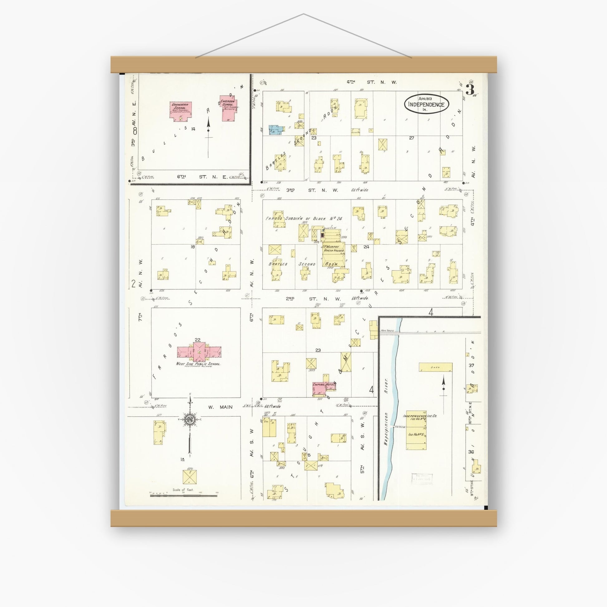 Old map wall art mockup — magnetic wood frame on white wall — Sanborn Fire Insurance Map from Independence, Buchanan County, Iowa (1913), Sheet #0003