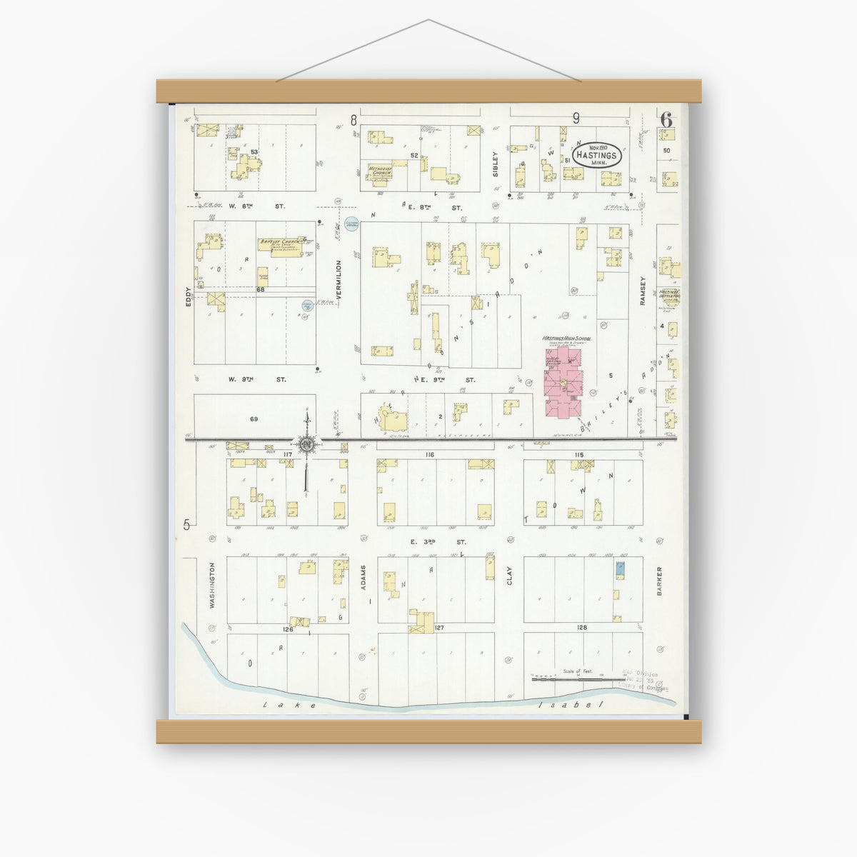 Old map wall art mockup — magnetic wood frame on white wall — Sanborn Fire Insurance Map from Hastings, Dakota County, Minnesota (1910), Sheet #0006