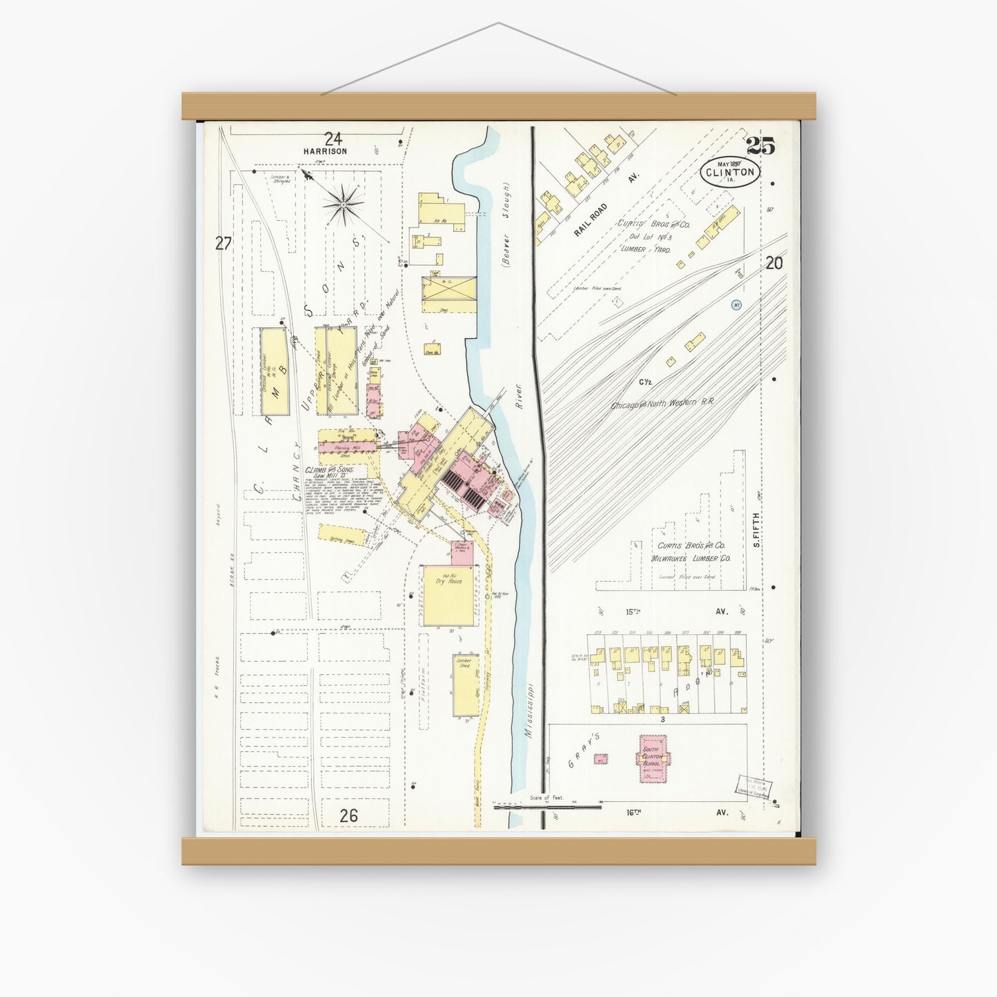Old map wall art mockup — magnetic wood frame on white wall — Sanborn Fire Insurance Map from Clinton, Clinton County, Iowa (1897), Sheet #0025