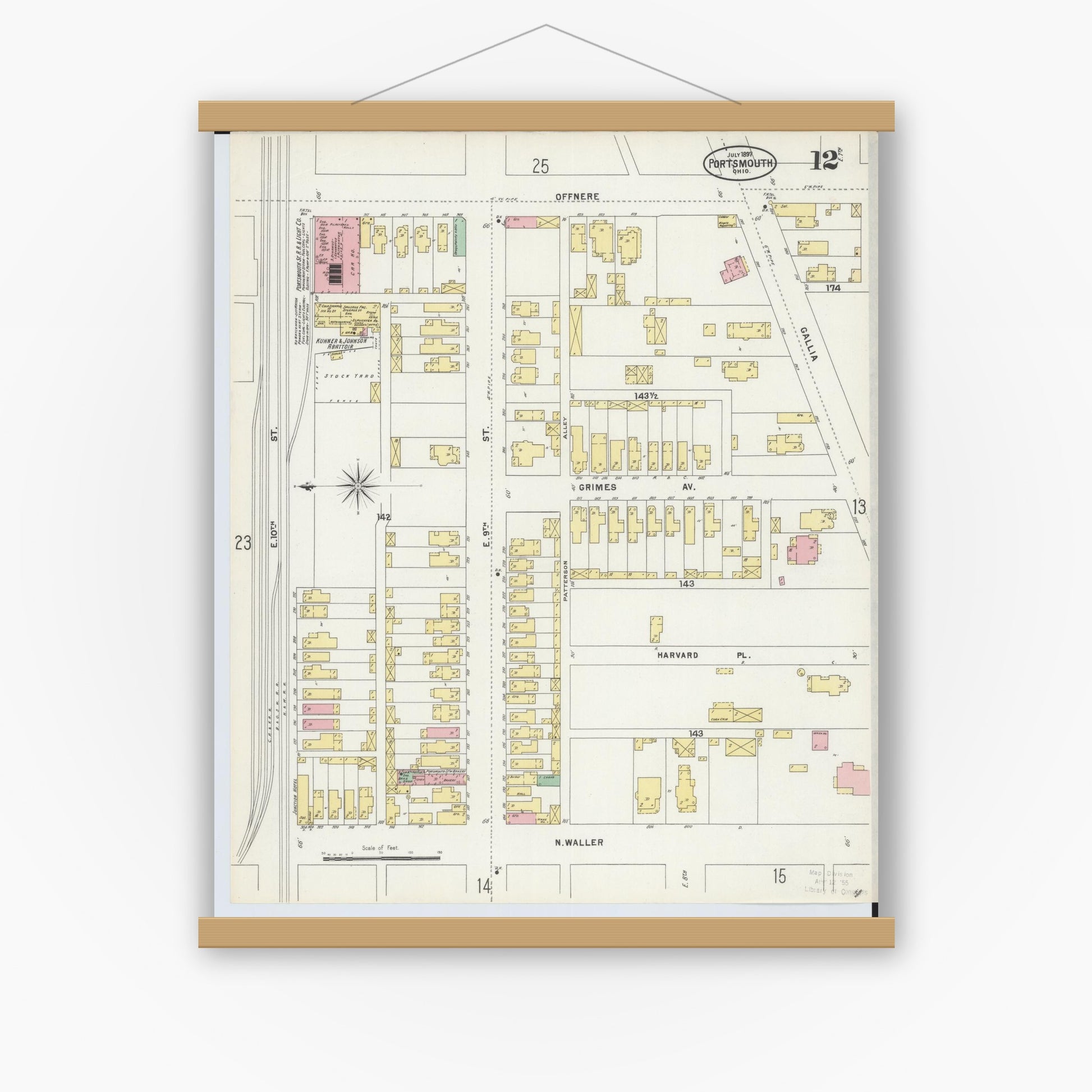 Old map wall art mockup — magnetic wood frame on white wall — Sanborn Fire Insurance Map from Portsmouth, Scioto County, Ohio (1897), Sheet #0012