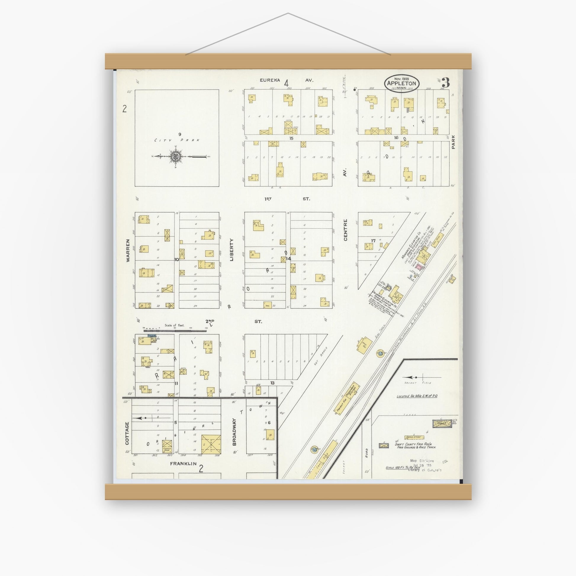 Old map wall art mockup — magnetic wood frame on white wall — Sanborn Fire Insurance Map from Appleton, Swift County, Minnesota (1909), Sheet #0003