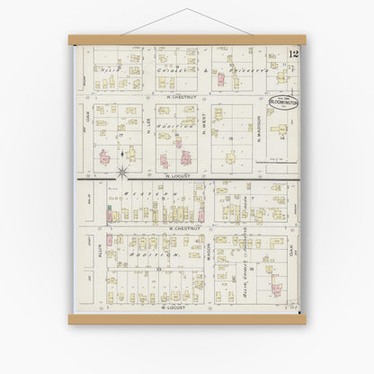 Old map wall art mockup — magnetic wood frame on white wall — Sanborn Fire Insurance Map from Bloomington, McLean County, Illinois (1886), Sheet #0012
