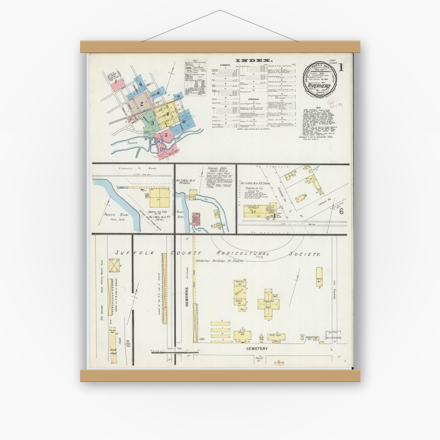 Old map wall art mockup — magnetic wood frame on white wall — Sanborn Fire Insurance Map from Riverhead, Suffolk County, New York (1897) - Complete Map Set