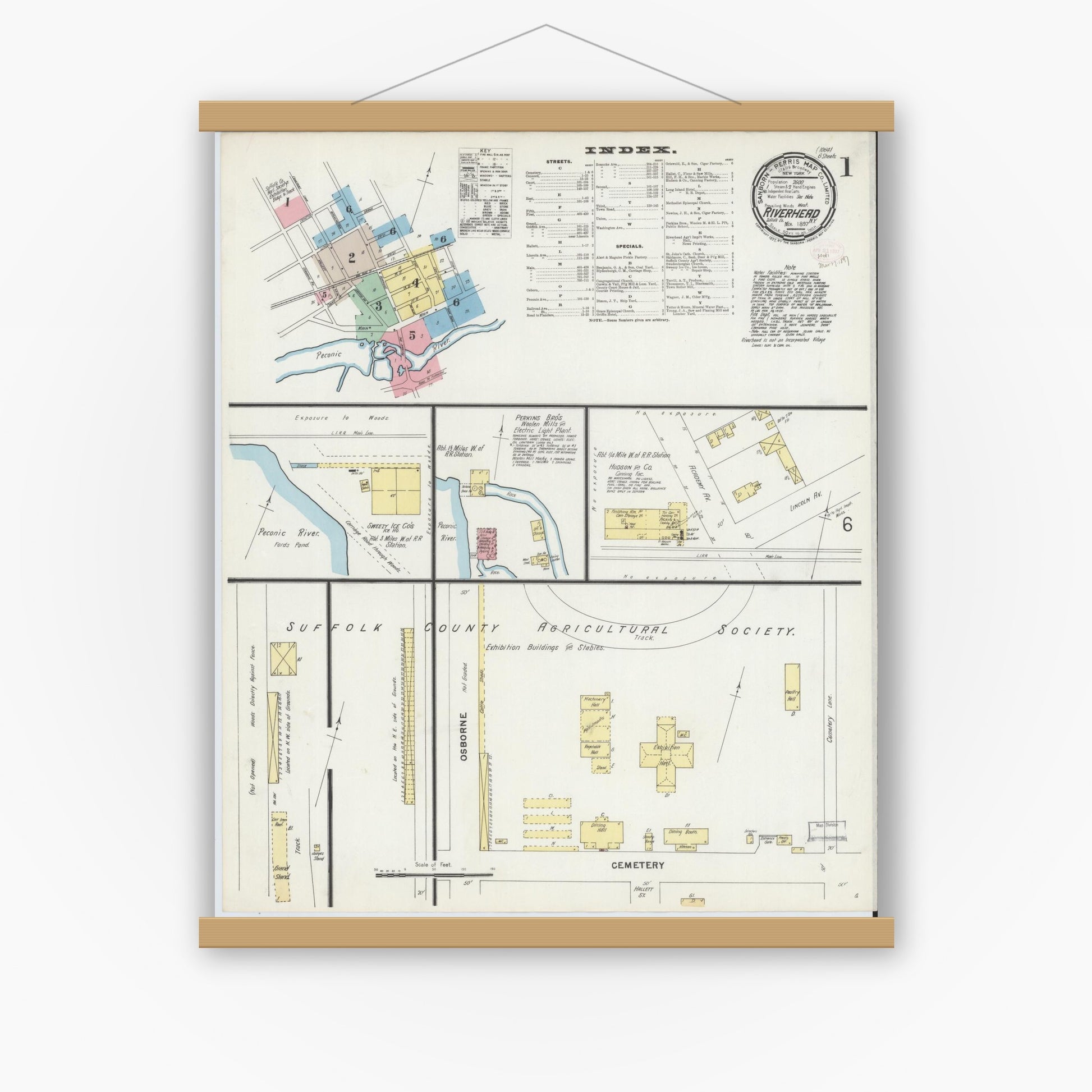 Old map wall art mockup — magnetic wood frame on white wall — Sanborn Fire Insurance Map from Riverhead, Suffolk County, New York (1897) - Complete Map Set