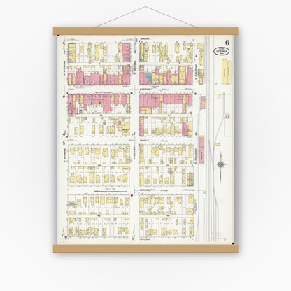 Old map wall art mockup — magnetic wood frame on white wall — Sanborn Fire Insurance Map from Virginia, Saint Louis County, Minnesota (1910), Sheet #0006